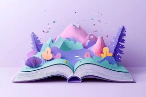 3D paper art of an open book with whimsical elements and a colorful scenery coming out, creating a dreamy atmosphere. The background is purple. In the style of an open book with fantastical elements and a vivid landscape emerging, crafting a surreal environment. The backdrop is purple. white Background --ar 3:2 --v 6.1 Job ID: eb00a442-cc1a-423c-b229-f20a8036e9ce